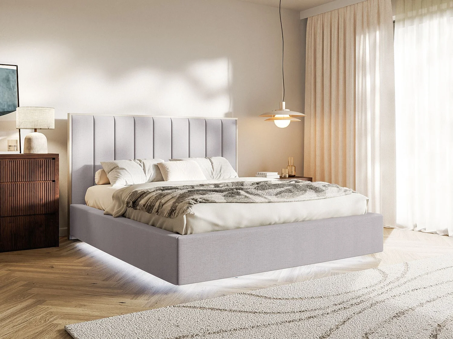 Lit tapissé avec LED140×200 - chenille - gris- TOGENTS