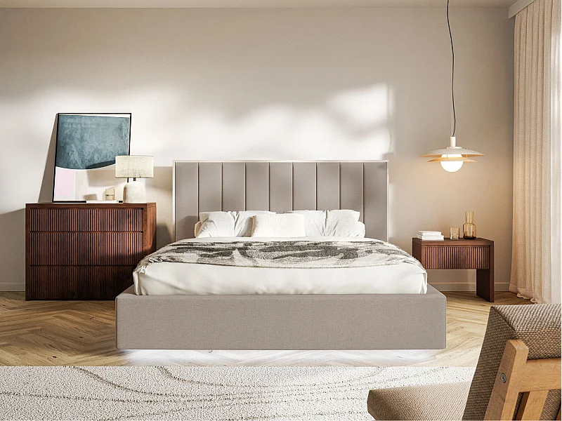 Gestoffeerd bed 160x200 - chenille en LED - bruin - TOGENTS
