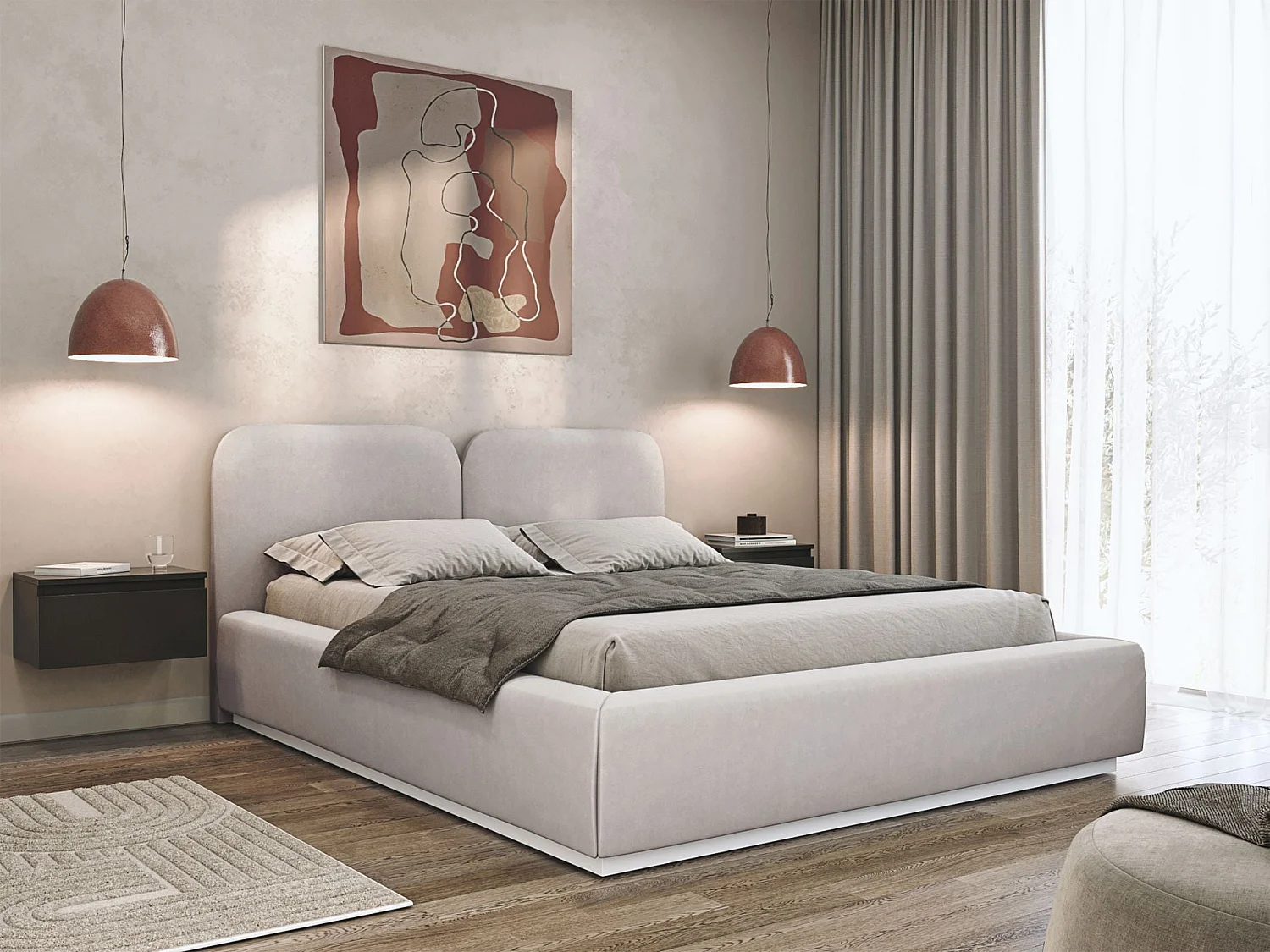 Lit tapissé 160×200 - velours - gris-beige - COMOVES