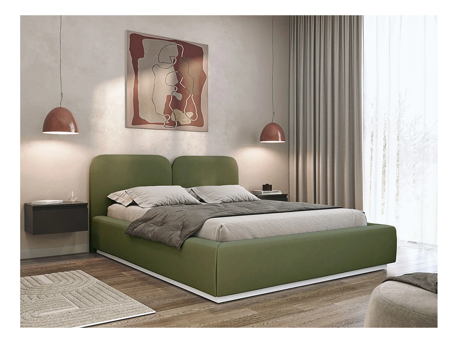 Polsterbett 160x200 mit Veloursbezug – Olivgrün – COMOVES