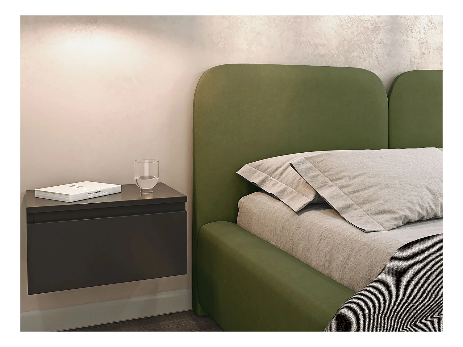 Lit tapissé 160×200 - velours - vert olive - COMOVES