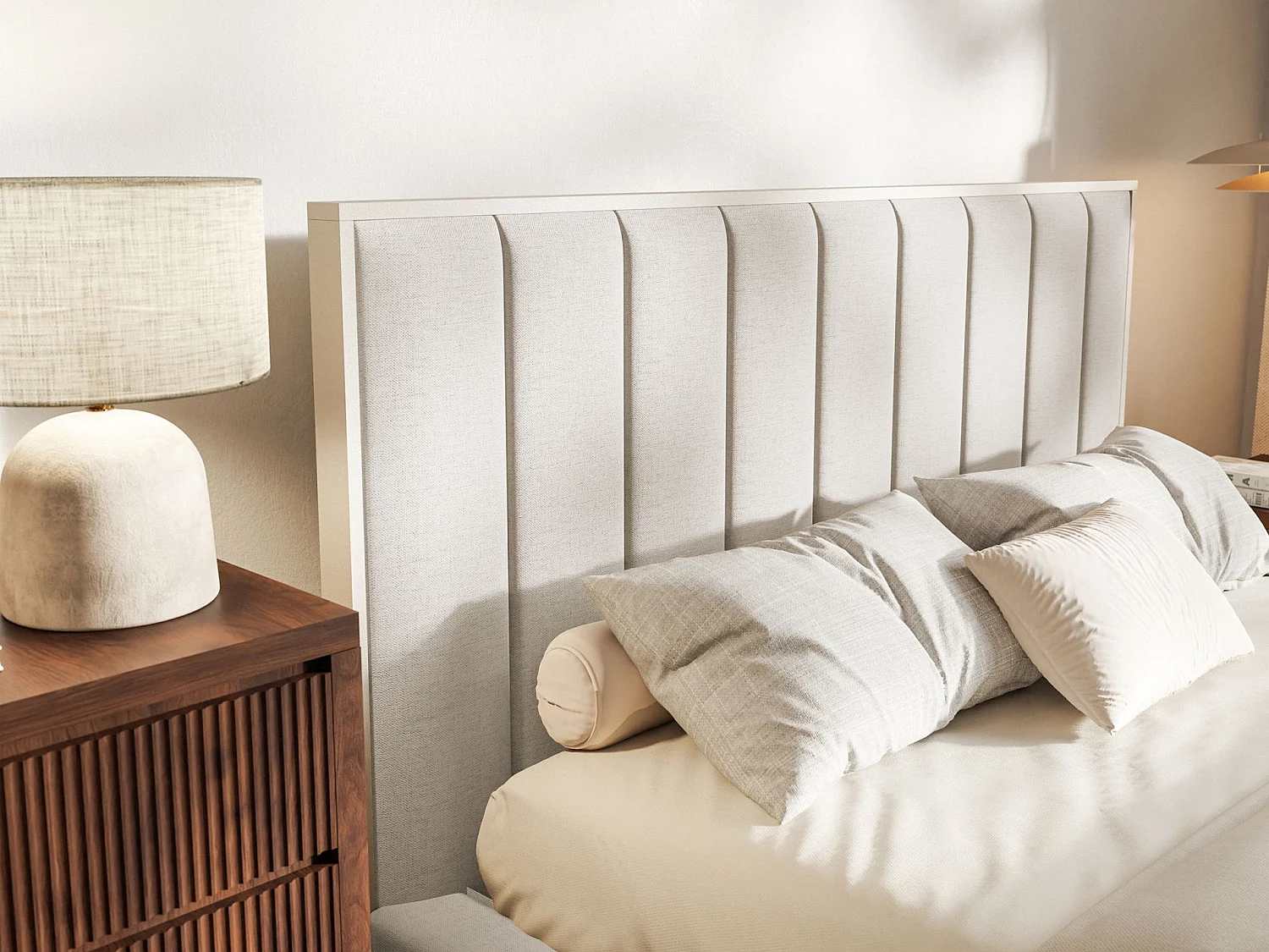 Gestoffeerd bed 160x200 - chenille en LED - lichtbeige - TOGENTS