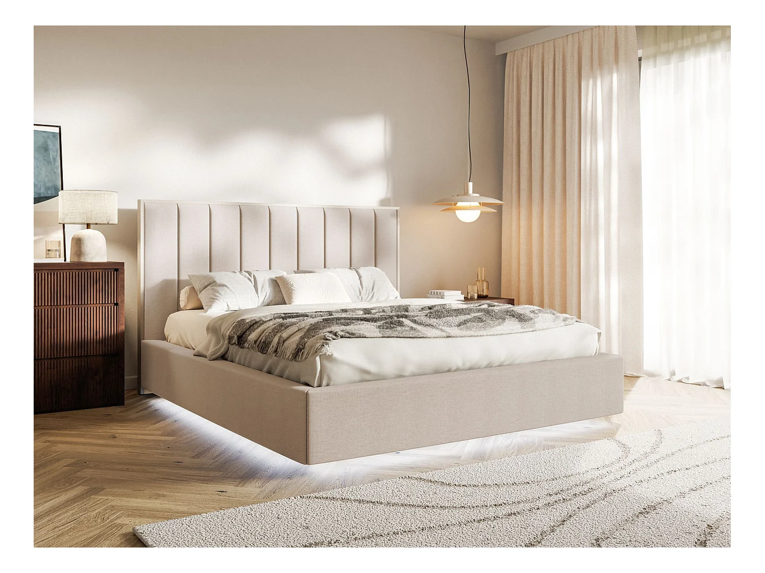 Lit tapissé avec LED160×200 - chenille - beige - TOGENTS