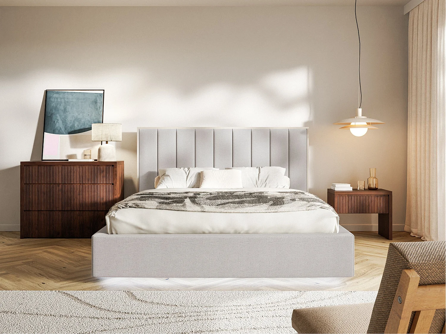 Lit tapissé avec LED160×200 - chenille - gris-beige - TOGENTS