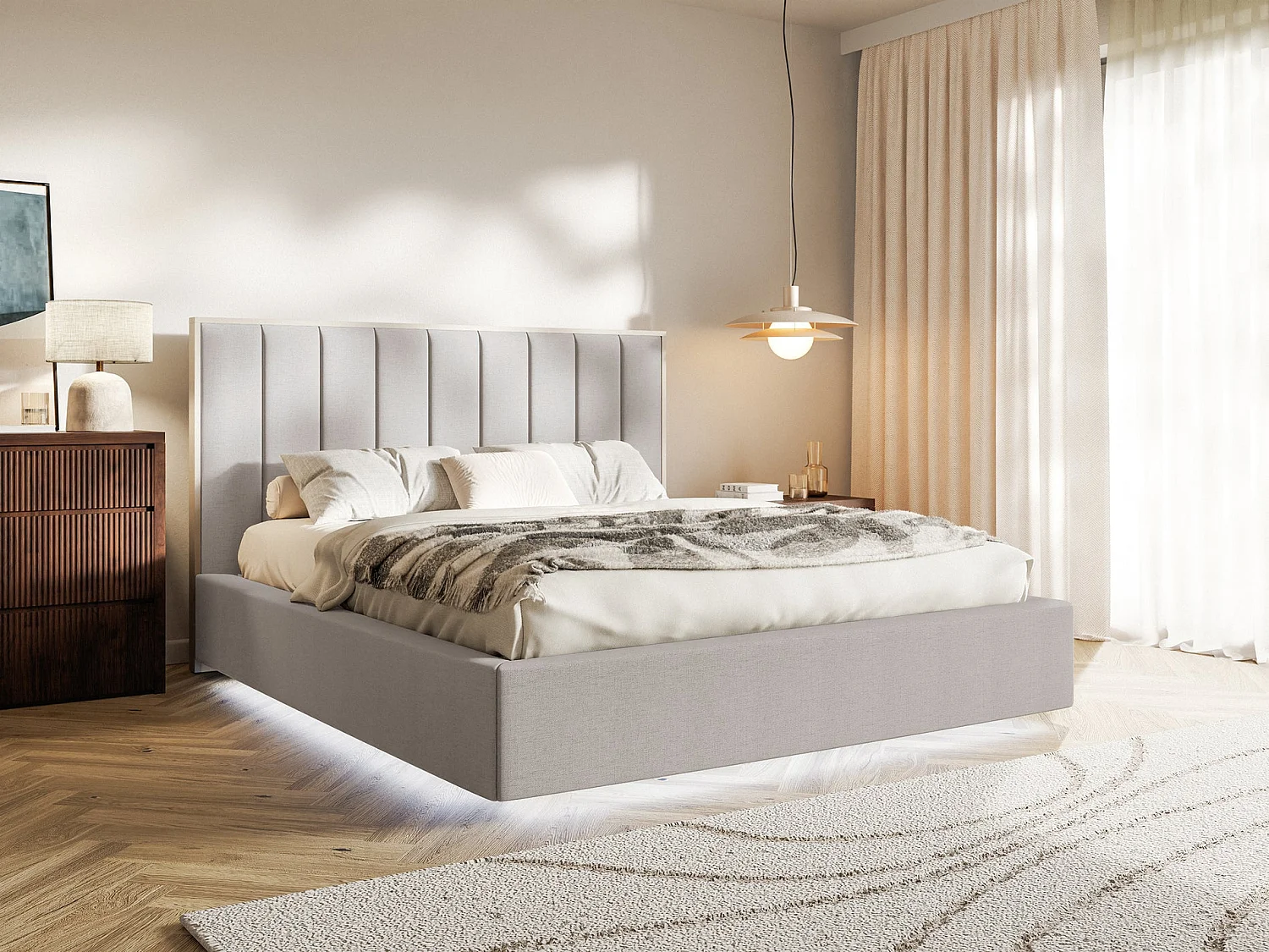 Lit tapissé avec LED160×200 - chenille - gris-beige - TOGENTS