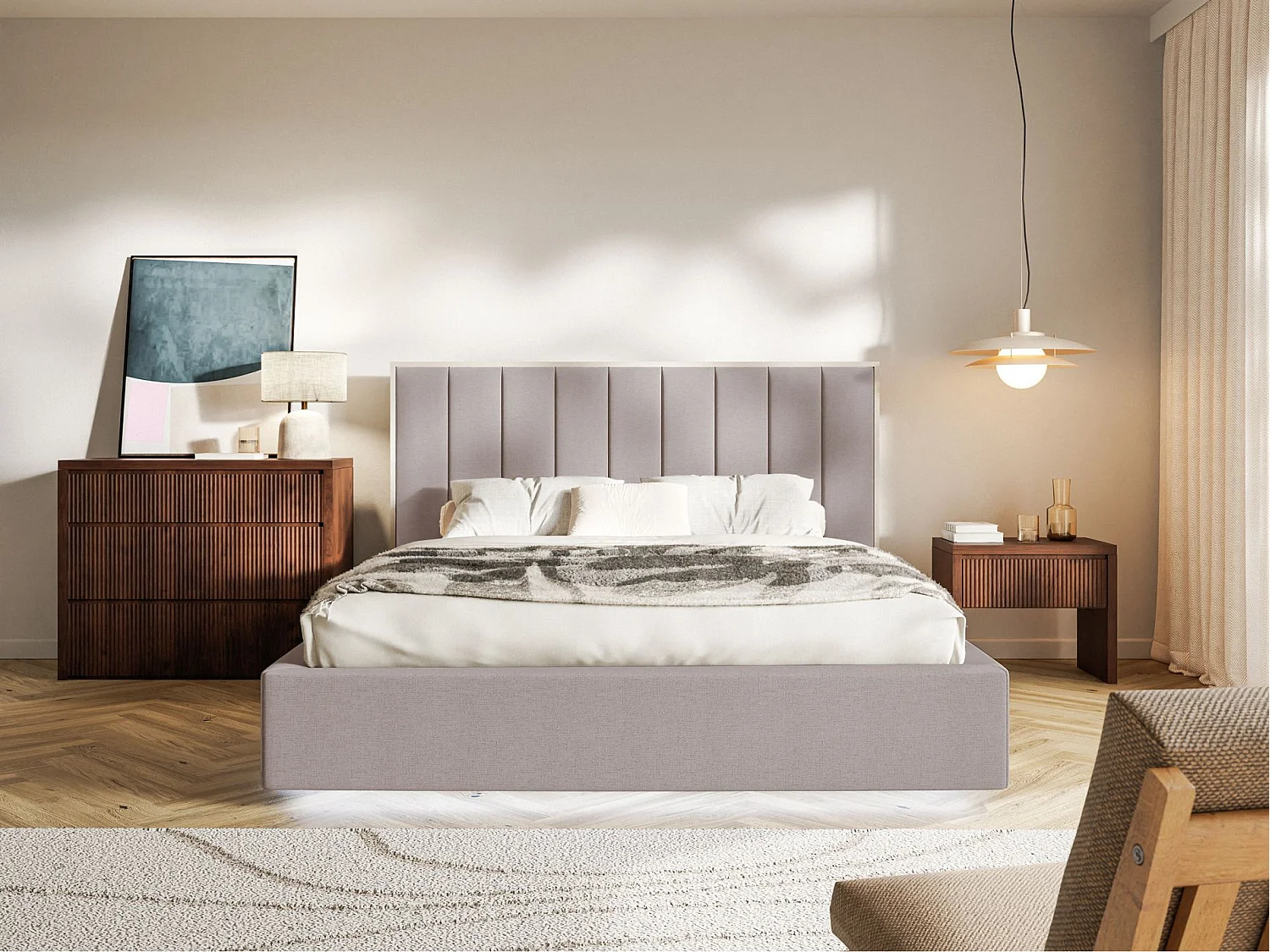 Lit tapissé avec LED180×200 - chenille - brun - TOGENTS