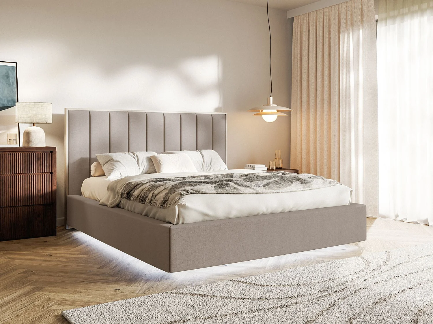 Gestoffeerd bed 180x200 - chenille en LED - bruin - TOGENTS