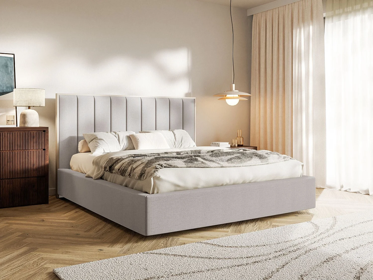 Gestoffeerd bed 180x200 - chenille en LED - grijsbeige - TOGENTS