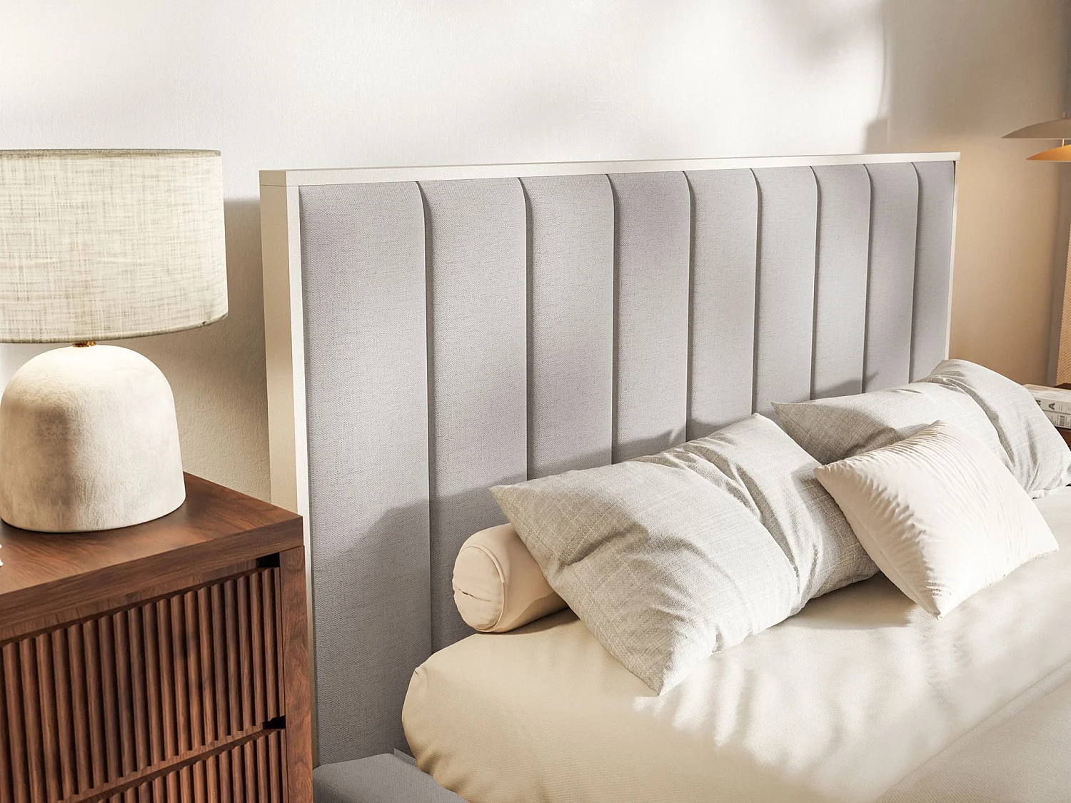 Gestoffeerd bed 180x200 - chenille en LED - grijsbeige - TOGENTS