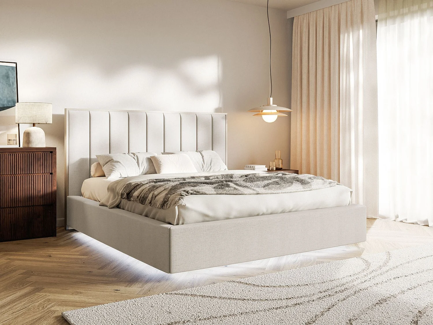 Gestoffeerd bed 140x200 - chenille en LED - lichtbeige - TOGENTS