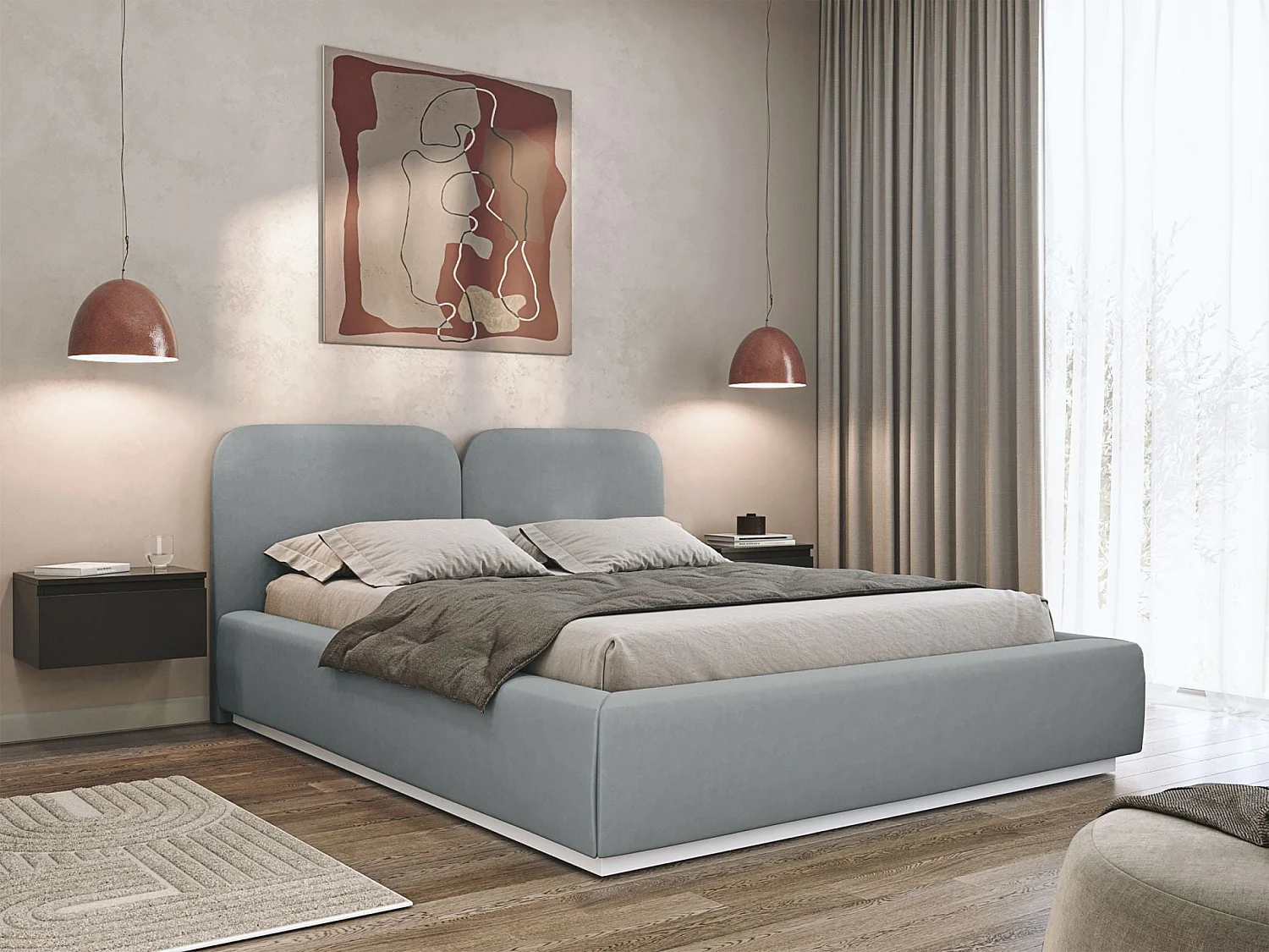 Lit tapissé 140×200 - velours - gris - COMOVES