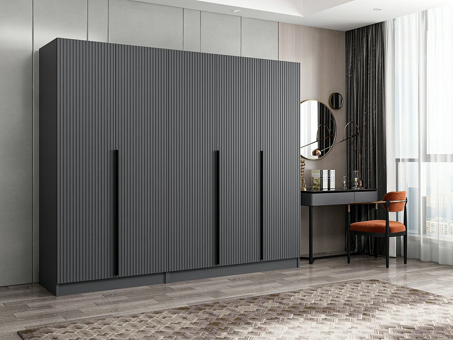 Armoire design 5 portes Kanawa L225xH210cm Anthracite et Noir