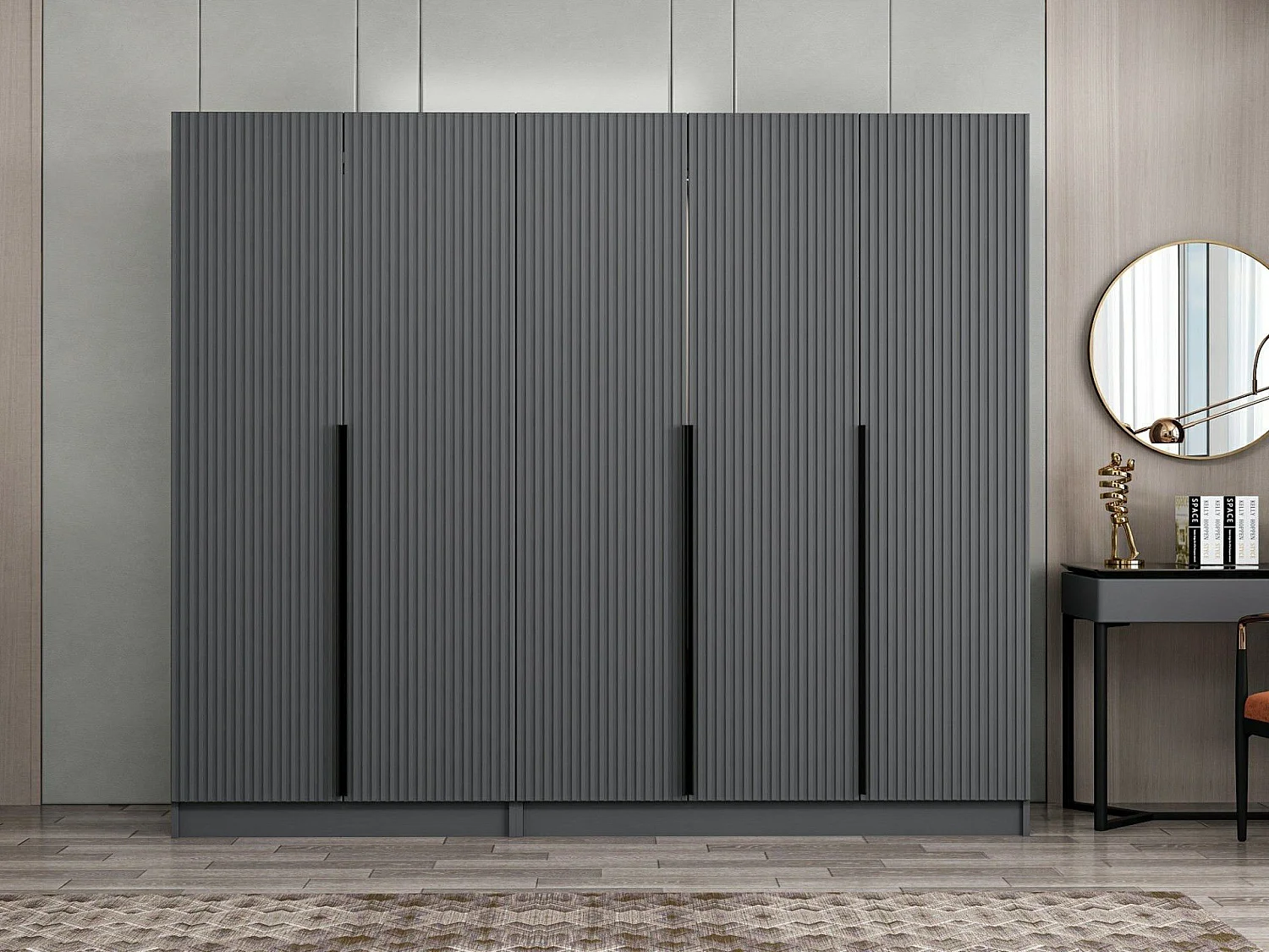 Armoire design 5 portes Kanawa L225xH210cm Anthracite et Noir