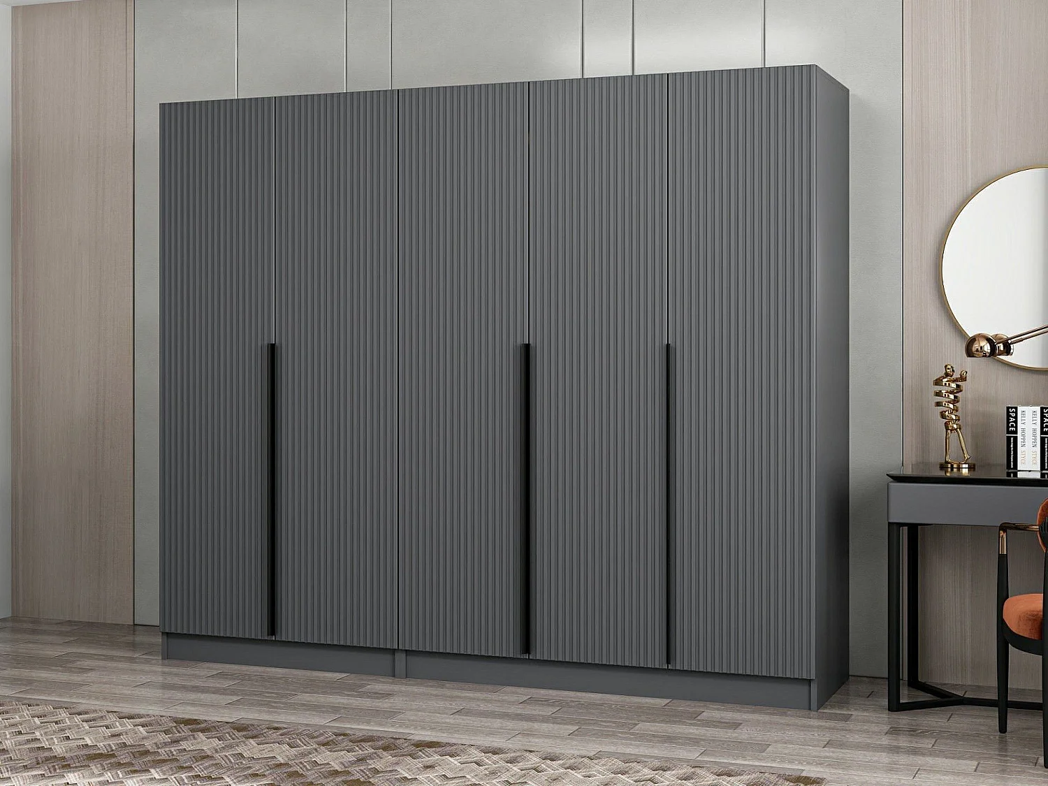 Armoire design 5 portes Kanawa L225xH210cm Anthracite et Noir