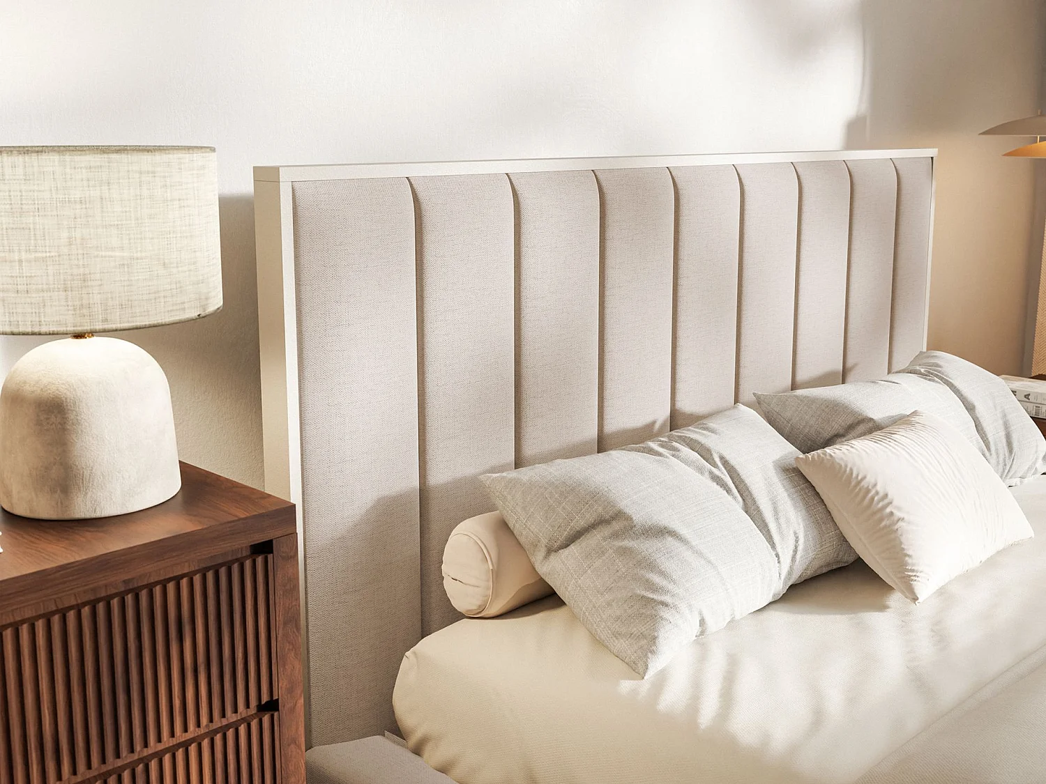 Lit tapissé avec LED180×200 - chenille - beige - TOGENTS