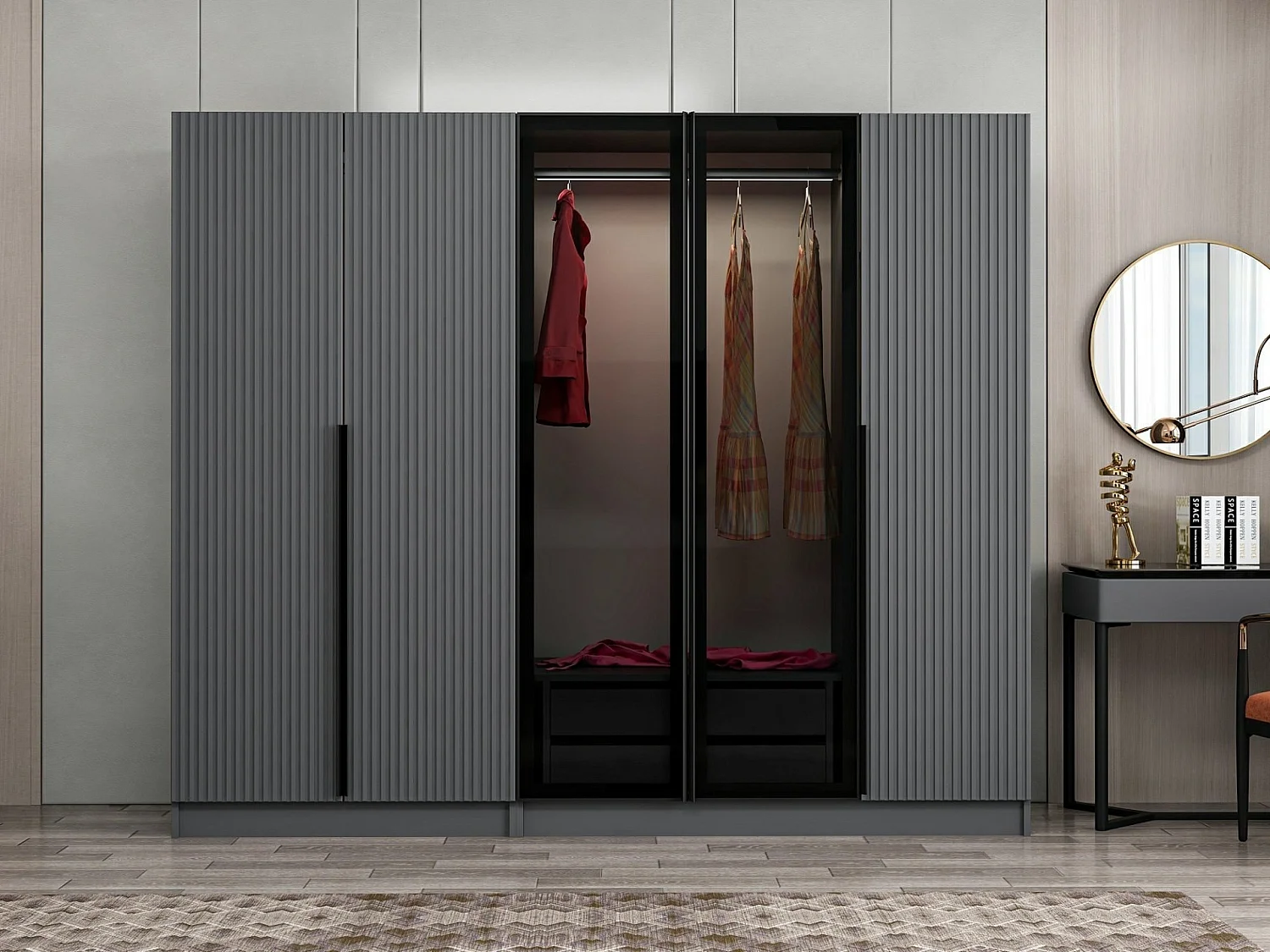 Armoire design 3 portes et 2 portes vitrées Kanowa L225xH210cm Anthracite et Noir