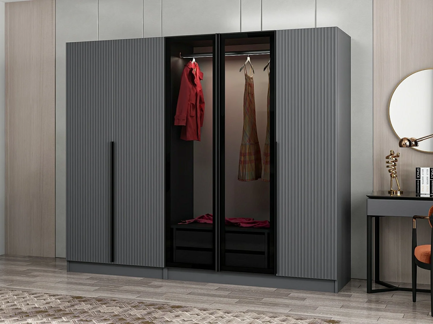 Armoire design 3 portes et 2 portes vitrées Kanowa L225xH210cm Anthracite et Noir