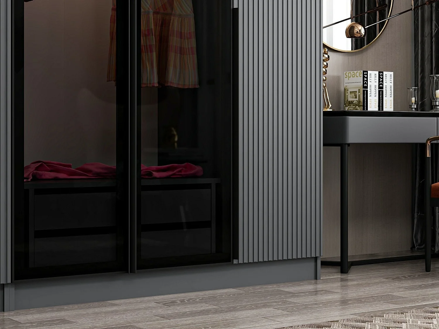 Armoire design 3 portes et 2 portes vitrées Kanowa L225xH210cm Anthracite et Noir