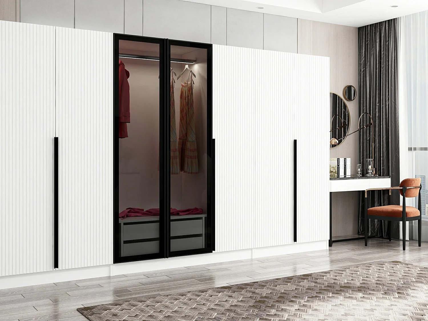 Armoire design 5 portes et 2 portes vitrées Kanowa L315xH210cm Blanc et Noir