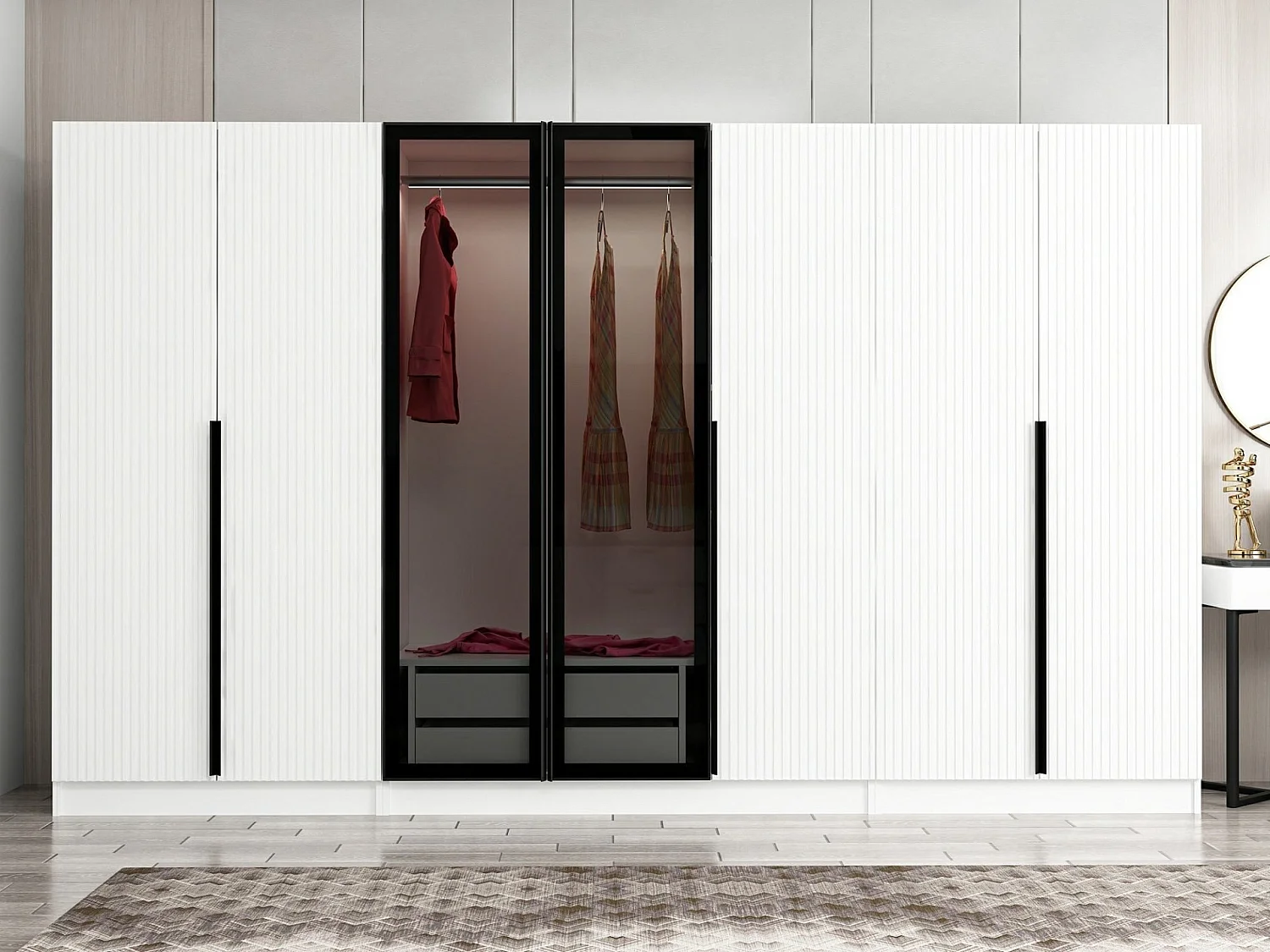 Armoire design 5 portes et 2 portes vitrées Kanowa L315xH210cm Blanc et Noir