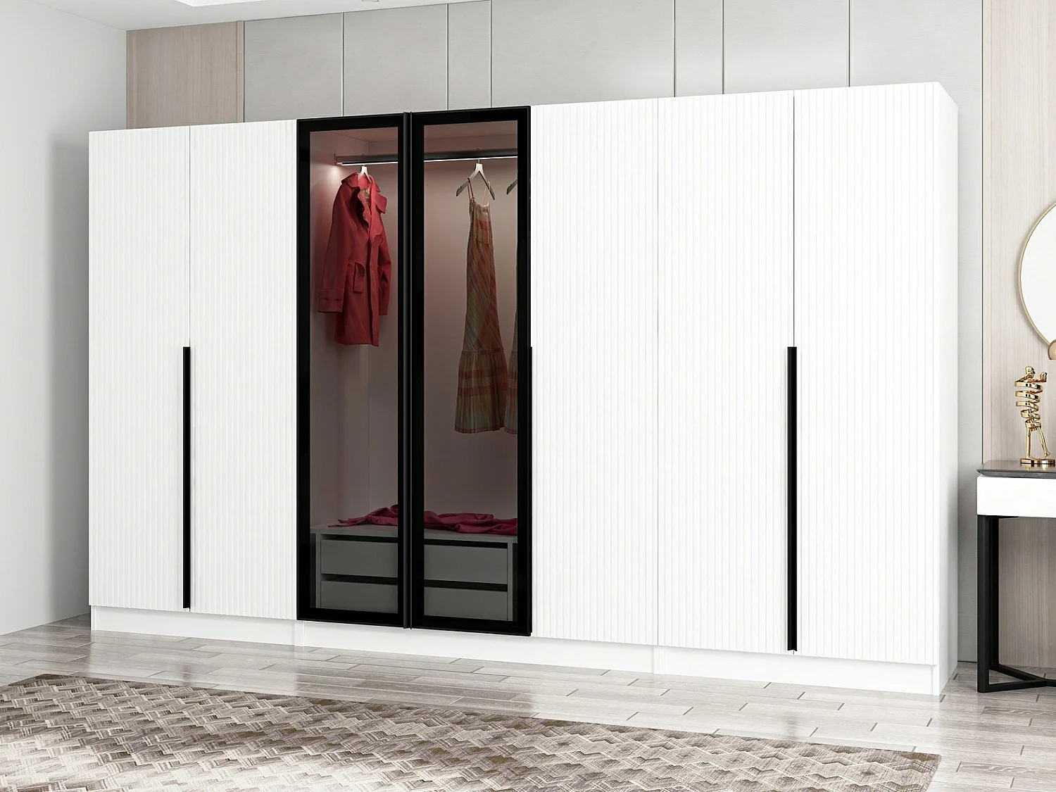 Armoire design 5 portes et 2 portes vitrées Kanowa L315xH210cm Blanc et Noir