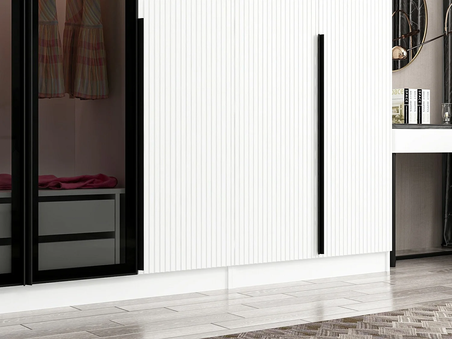 Armoire design 5 portes et 2 portes vitrées Kanowa L315xH210cm Blanc et Noir