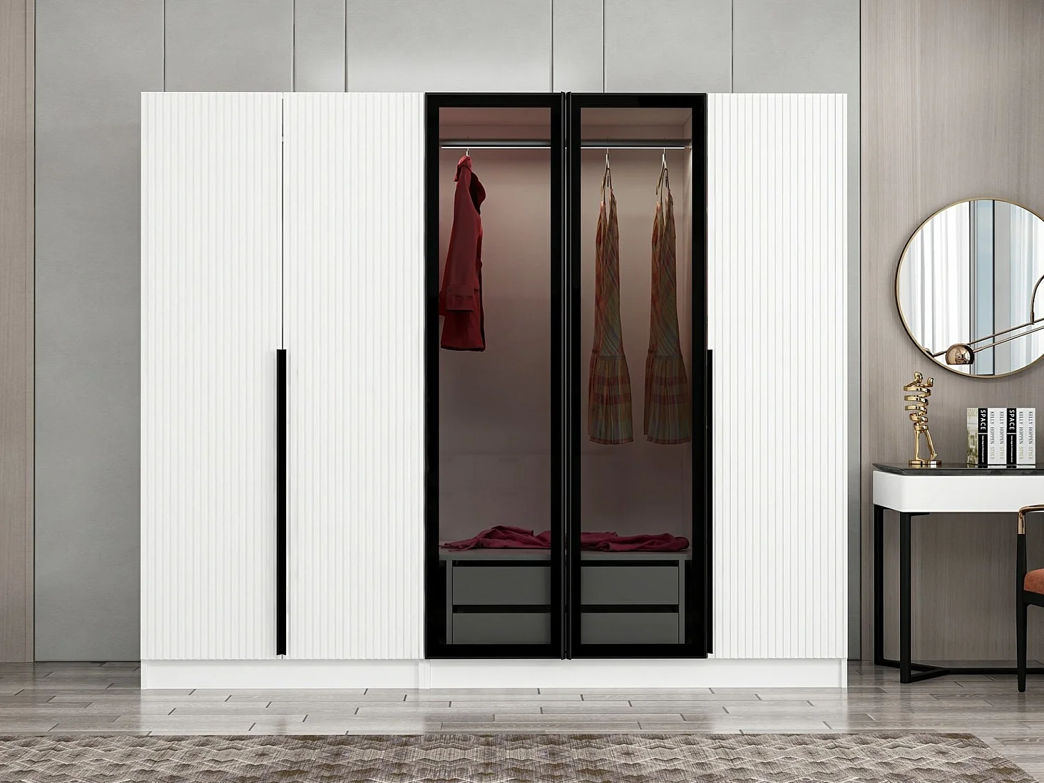 Armoire design 3 portes et 2 portes vitrées Kanowa L225xH210cm Blanc et Noir