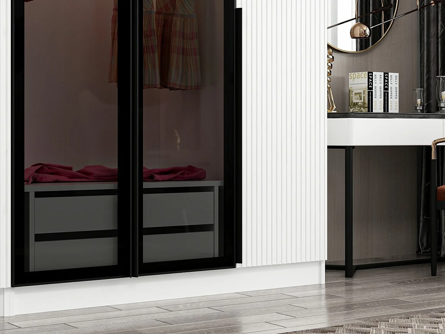 Armoire design 3 portes et 2 portes vitrées Kanowa L225xH210cm Blanc et Noir