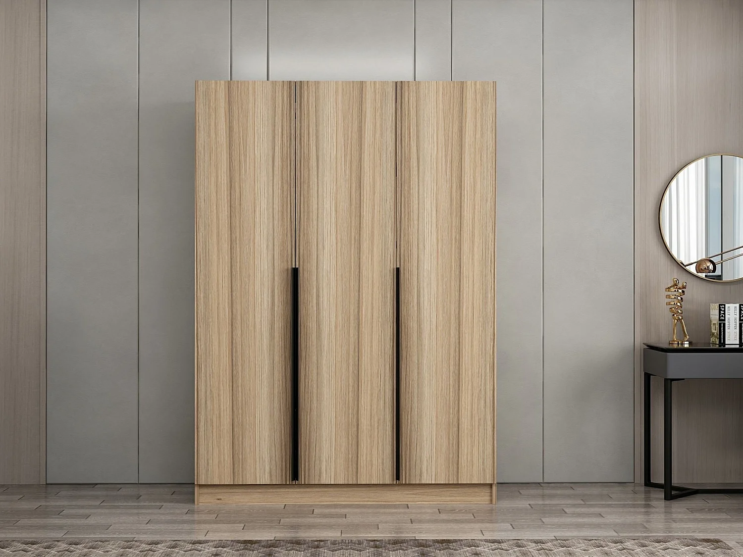 Armoire 3 portes Kanawa L135xH210cm chêne clair et Noir