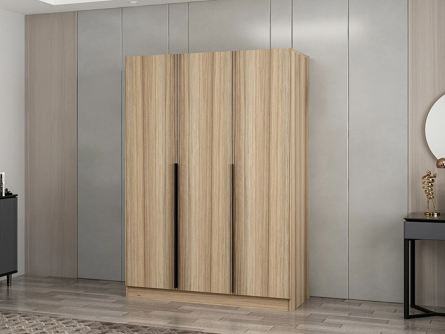 Armoire 3 portes Kanawa L135xH210cm chêne clair et Noir
