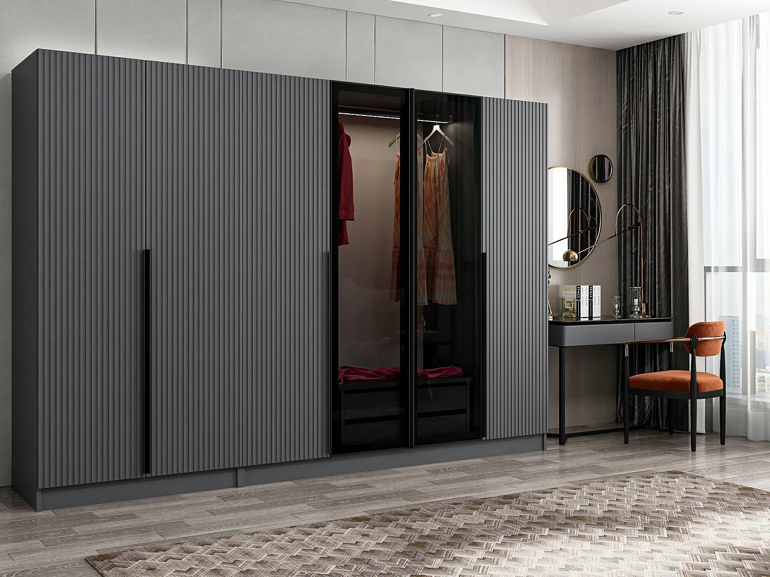 Armoire design 4 portes et 2 portes vitrées Kanowa L270xH210cm Anthracite