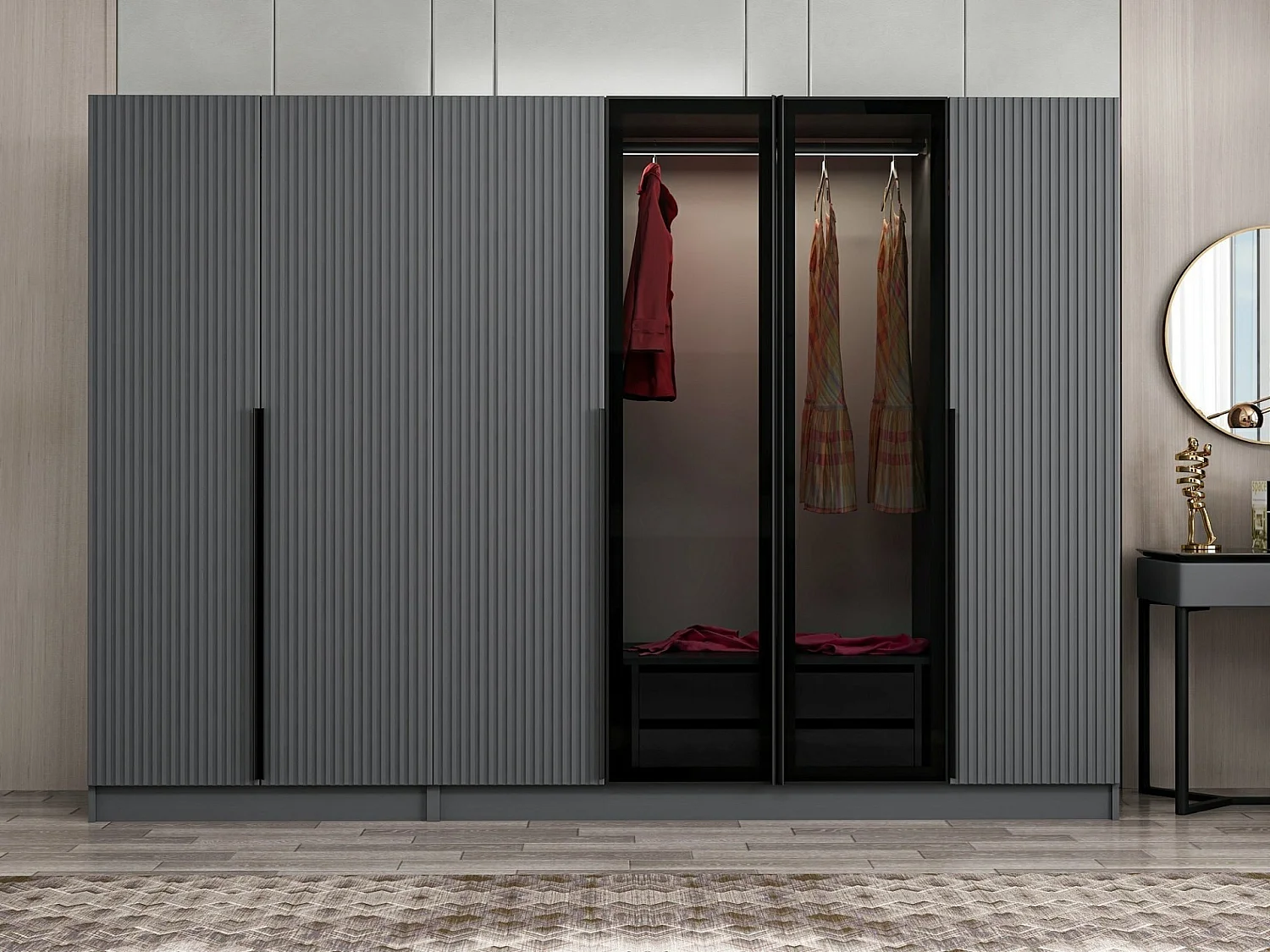 Armoire design 4 portes et 2 portes vitrées Kanowa L270xH210cm Anthracite