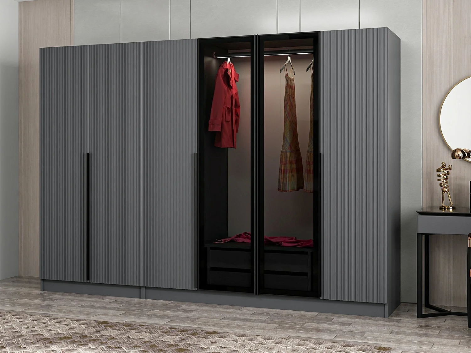 Armoire design 4 portes et 2 portes vitrées Kanowa L270xH210cm Anthracite