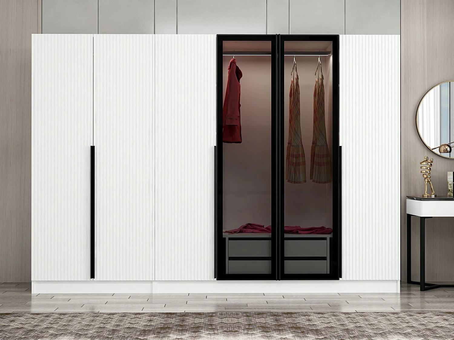 Armoire design 4 portes et 2 portes vitrées Kanowa L270xH210cm Blanc