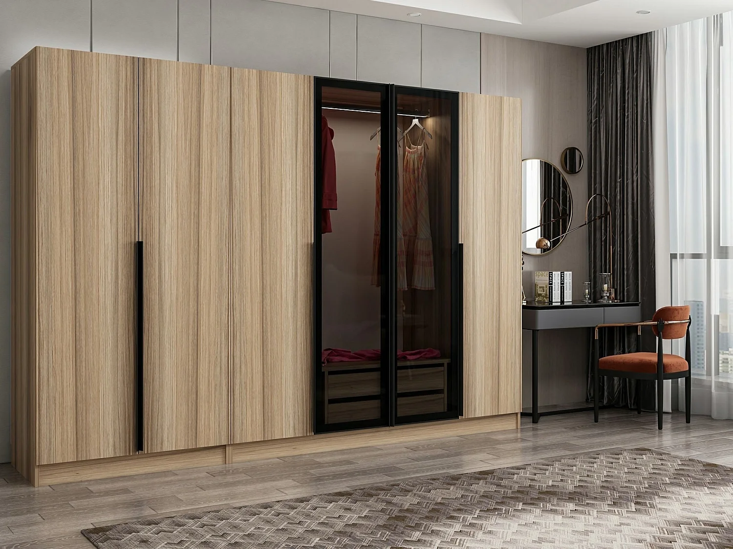 Armoire design 4 portes et 2 portes vitrées Kanowa L270xH210cm Bois clair