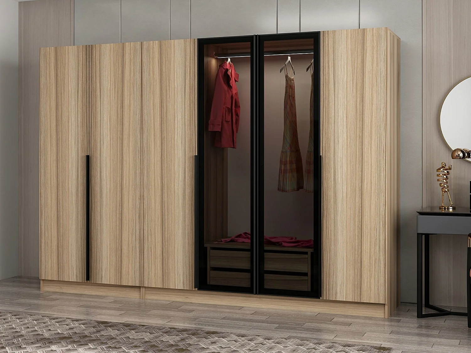Armoire design 4 portes et 2 portes vitrées Kanowa L270xH210cm Bois clair