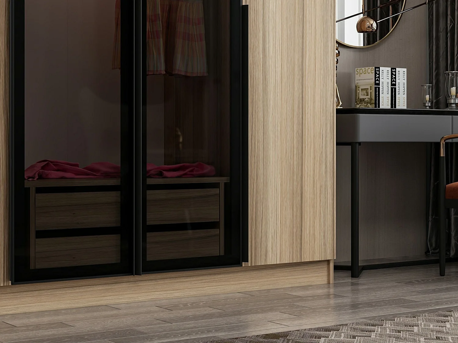 Armoire design 4 portes et 2 portes vitrées Kanowa L270xH210cm Bois clair