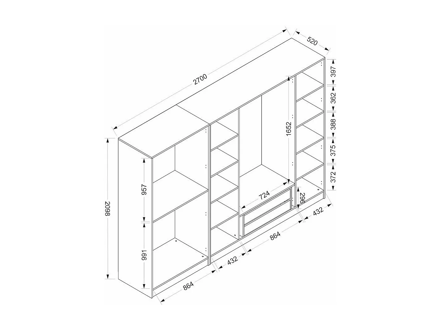 Armoire design 4 portes et 2 portes vitrées Kanowa L270xH210cm Bois clair