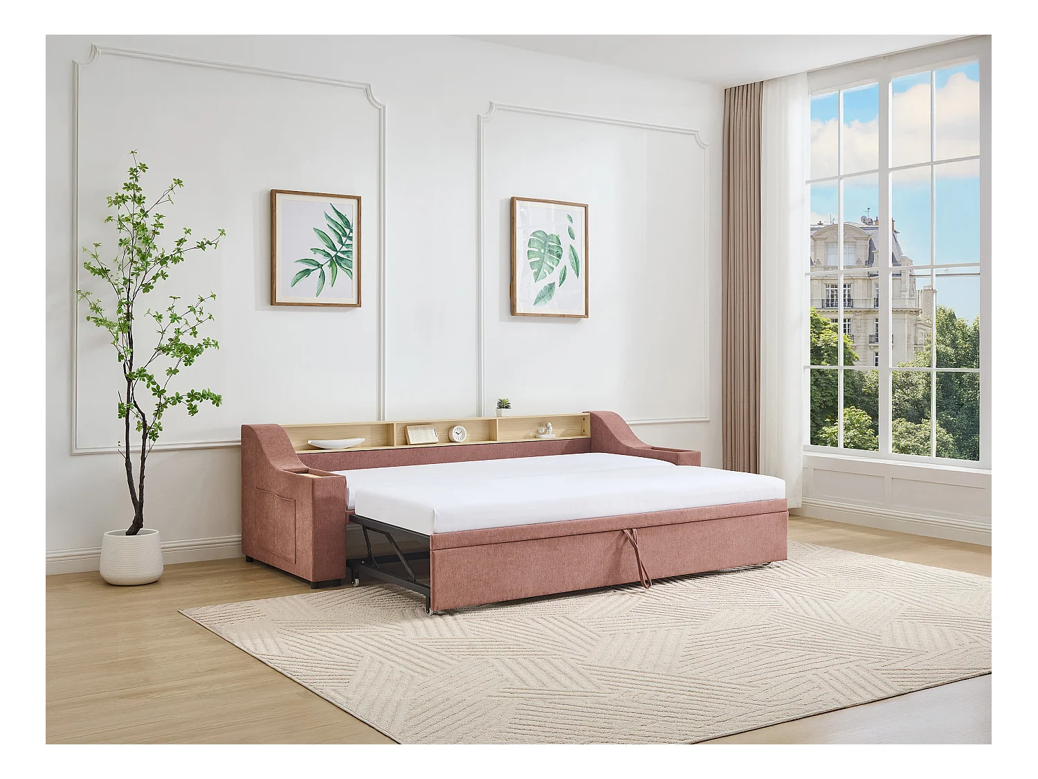 Lit gigogne 2 x 80 x 200 cm avec rangements et port USB - Tissu - Rose + Matelas - ORAVAYA