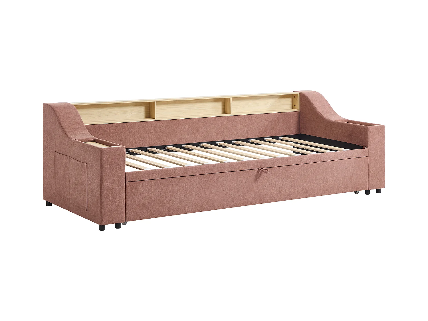 Lit gigogne 2 x 80 x 200 cm avec rangements et port USB - Tissu - Rose + Matelas - ORAVAYA