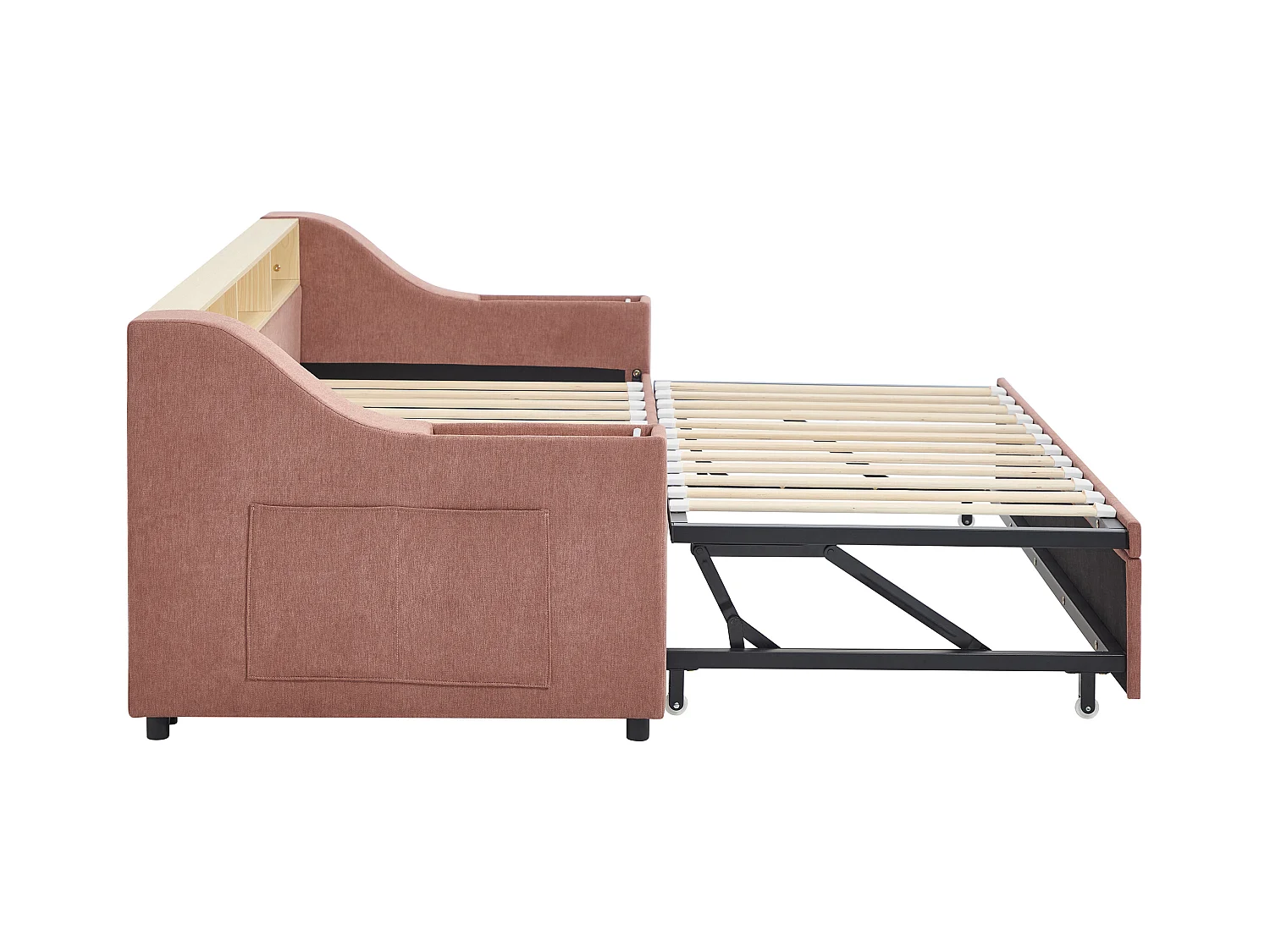 Lit gigogne 2 x 80 x 200 cm avec rangements et port USB - Tissu - Rose + Matelas - ORAVAYA