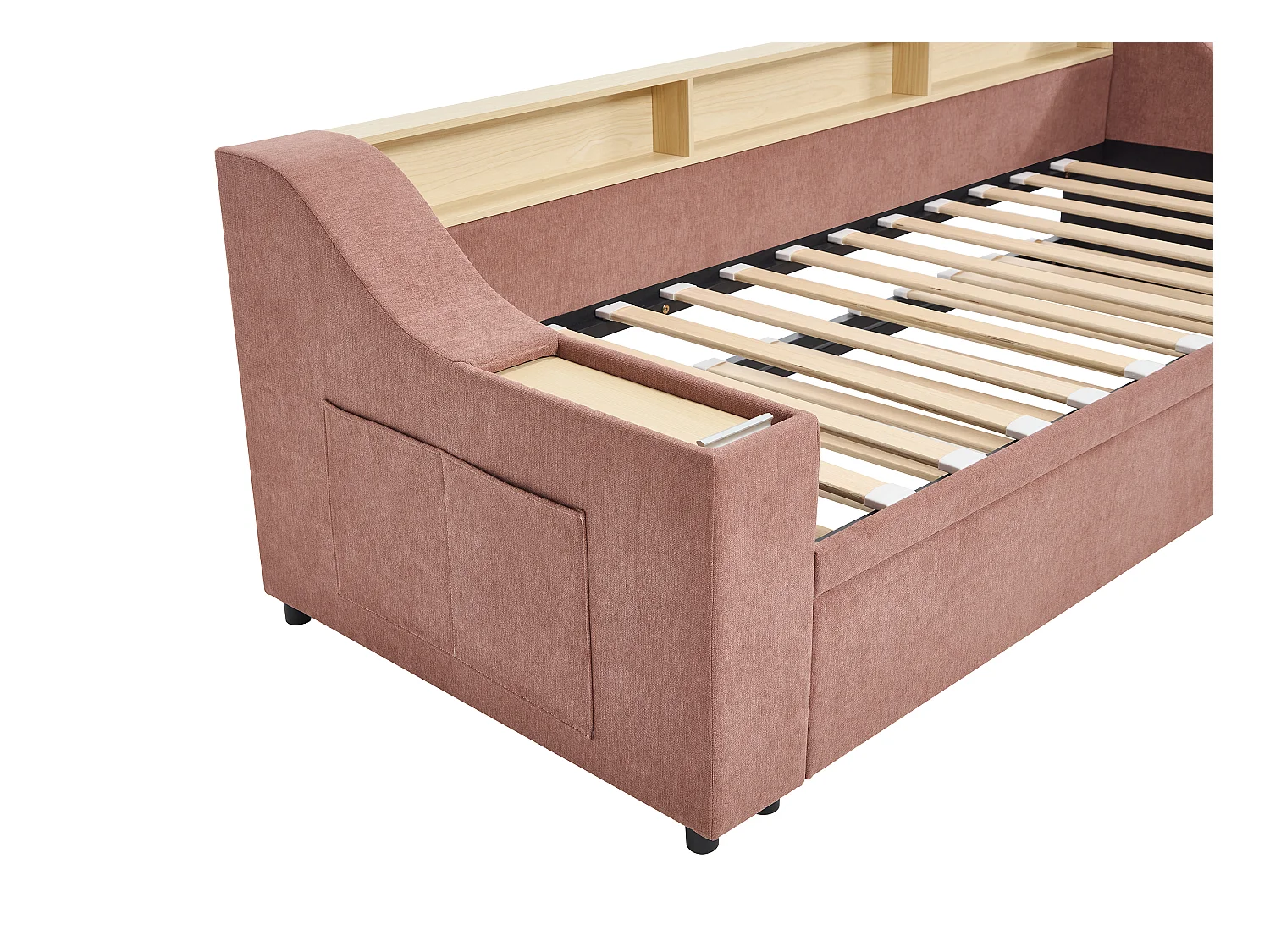 Lit gigogne 2 x 80 x 200 cm avec rangements et port USB - Tissu - Rose + Matelas - ORAVAYA