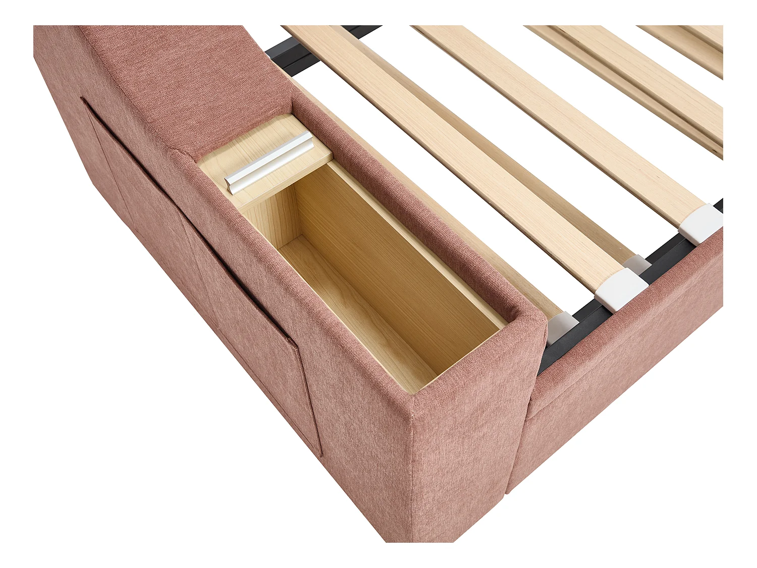 Lit gigogne 2 x 80 x 200 cm avec rangements et port USB - Tissu - Rose + Matelas - ORAVAYA