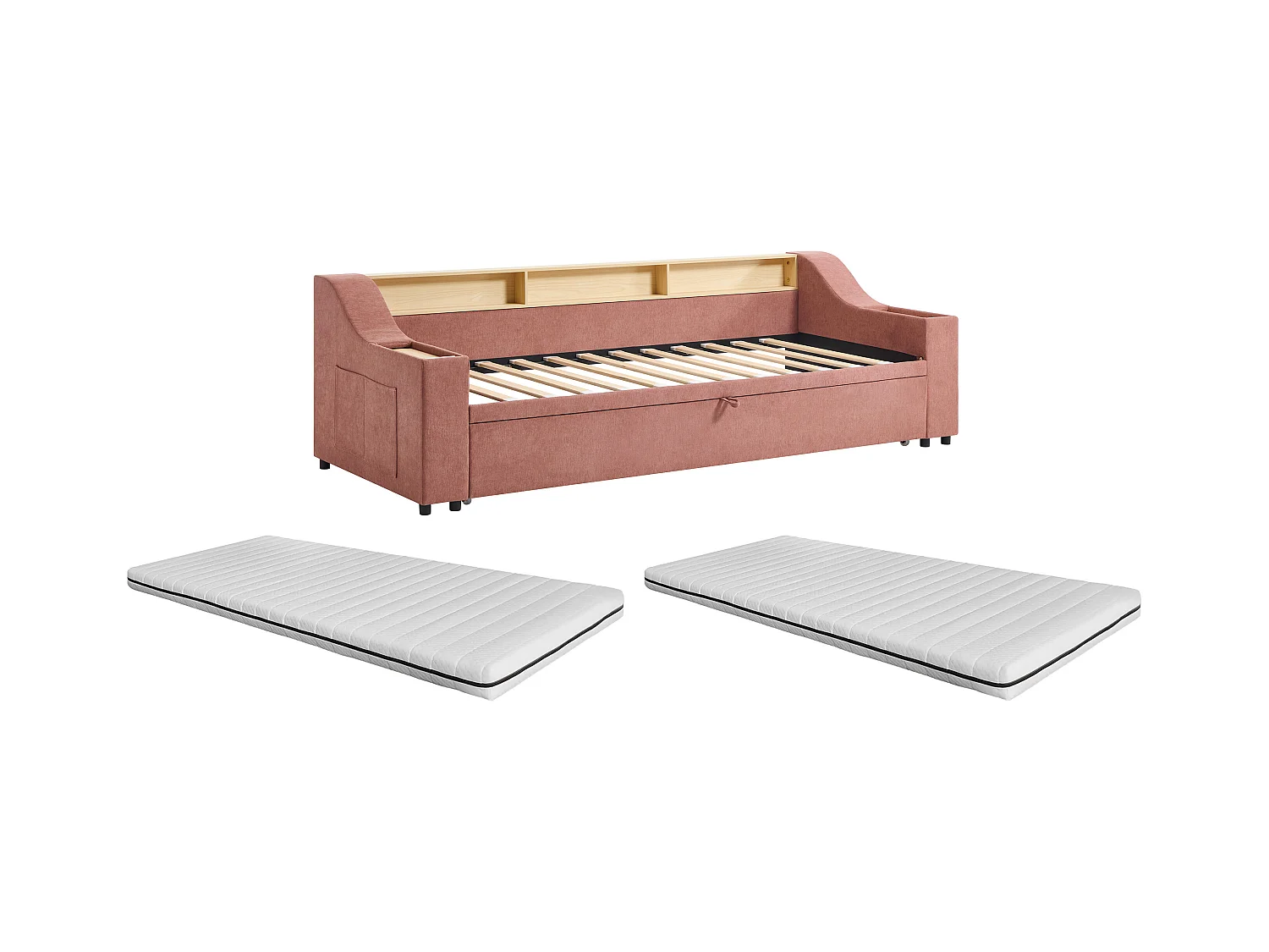 Lit gigogne 2 x 80 x 200 cm avec rangements et port USB - Tissu - Rose + Matelas - ORAVAYA