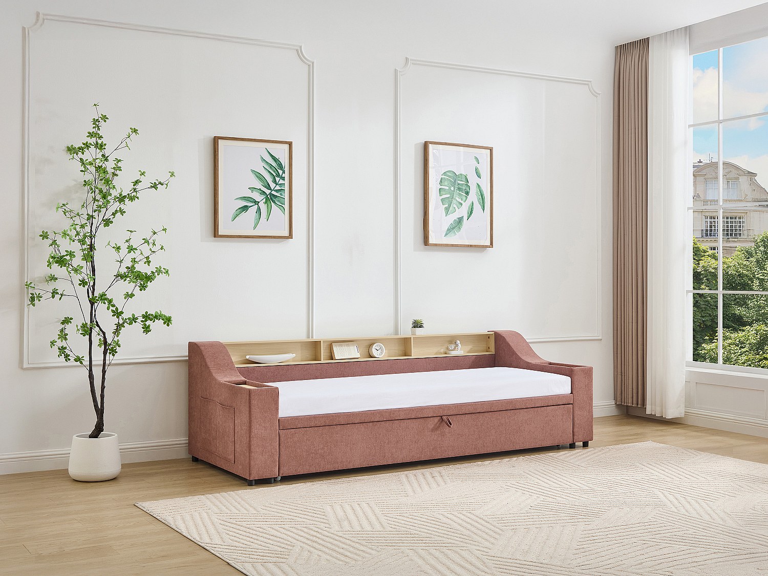 Ausziehbett - 2 x 80 x 200 cm - mit Stauraum & USB-Anschluss - Stoff - Rosa günstig online kaufen