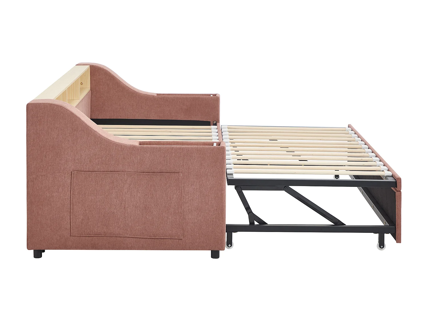 Lit gigogne 2 x 80 x 200 cm avec rangements et port USB - Tissu - Rose + Matelas - ORAVAYA