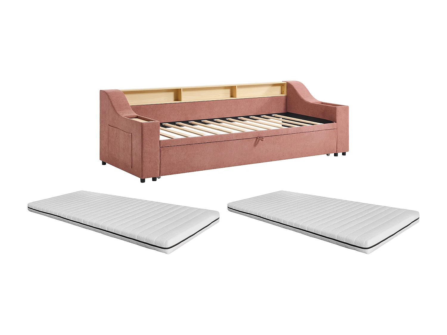 Lit gigogne 2 x 80 x 200 cm avec rangements et port USB - Tissu - Rose + Matelas - ORAVAYA