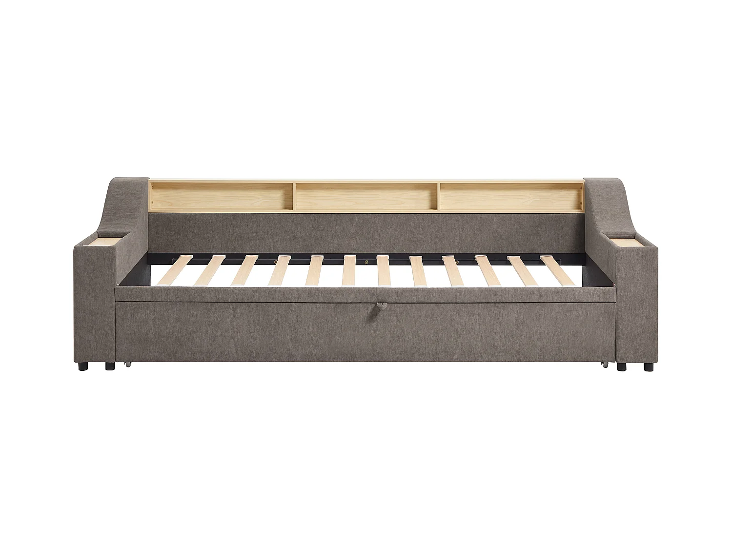 Lit gigogne 2 x 80 x 200 cm avec rangements et port USB - Tissu - Taupe + Matelas - ORAVAYA