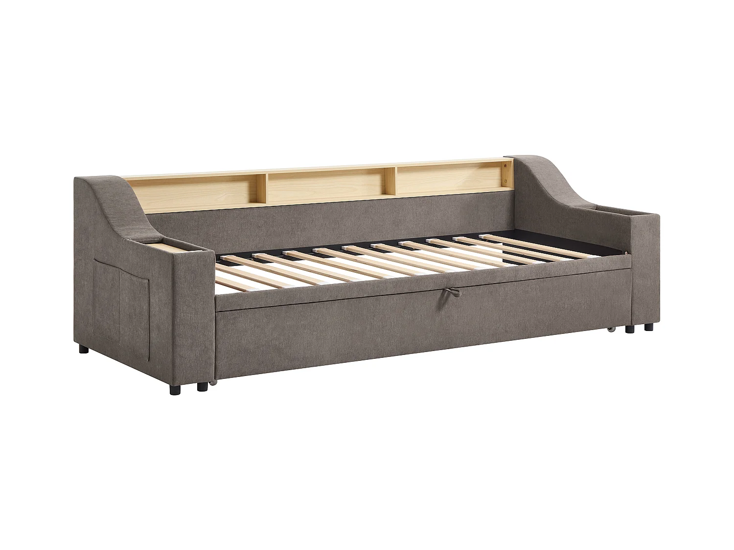 Lit gigogne 2 x 80 x 200 cm avec rangements et port USB - Tissu - Taupe + Matelas - ORAVAYA