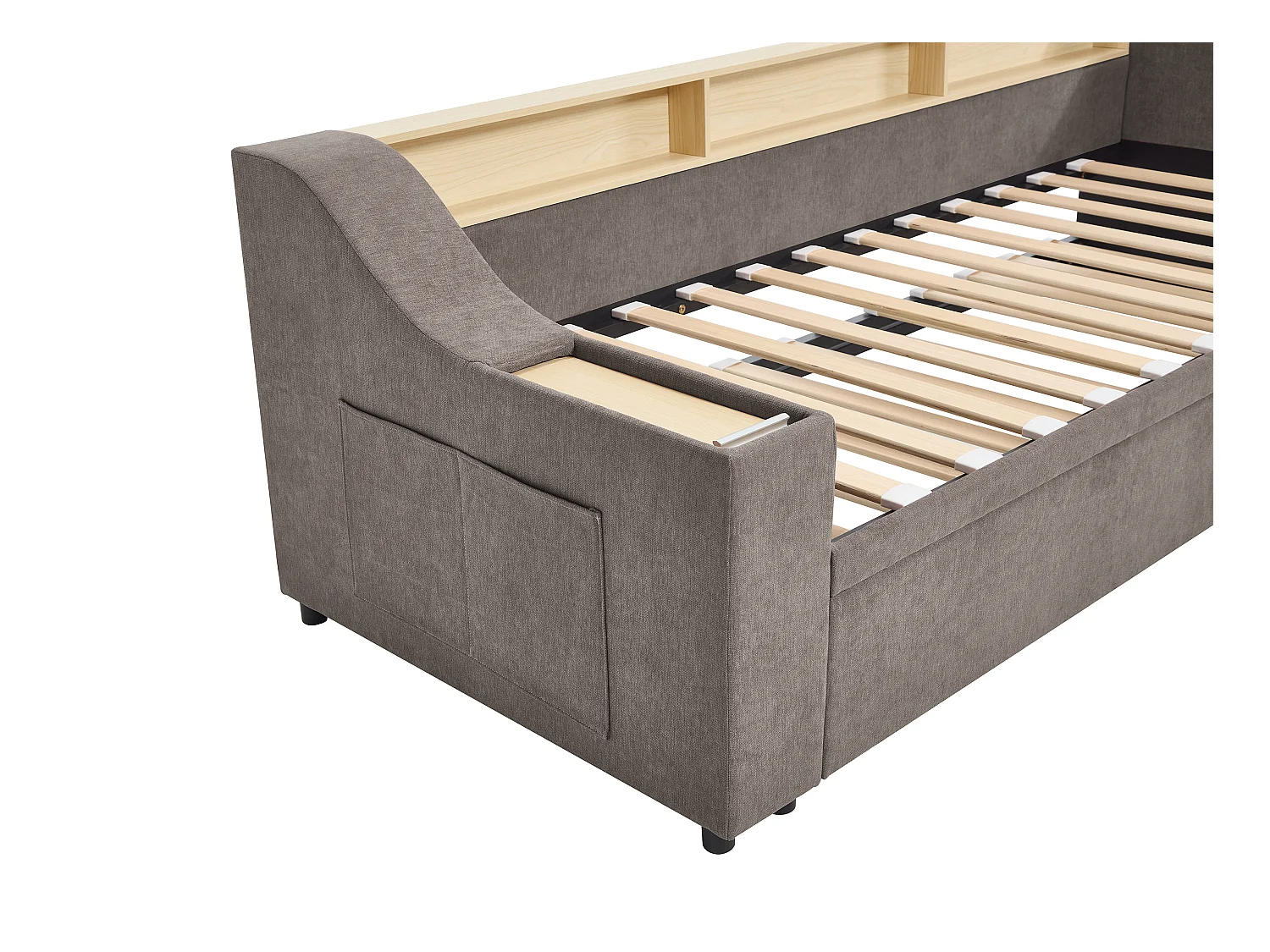 Lit gigogne 2 x 80 x 200 cm avec rangements et port USB - Tissu - Taupe + Matelas - ORAVAYA